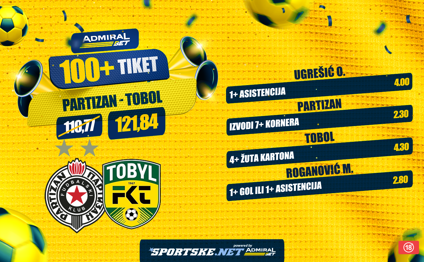 AdmiralBet 100 + tiket - Partizanovo veče u znaku Ugrešića i Roganovića za kvotu 121,84